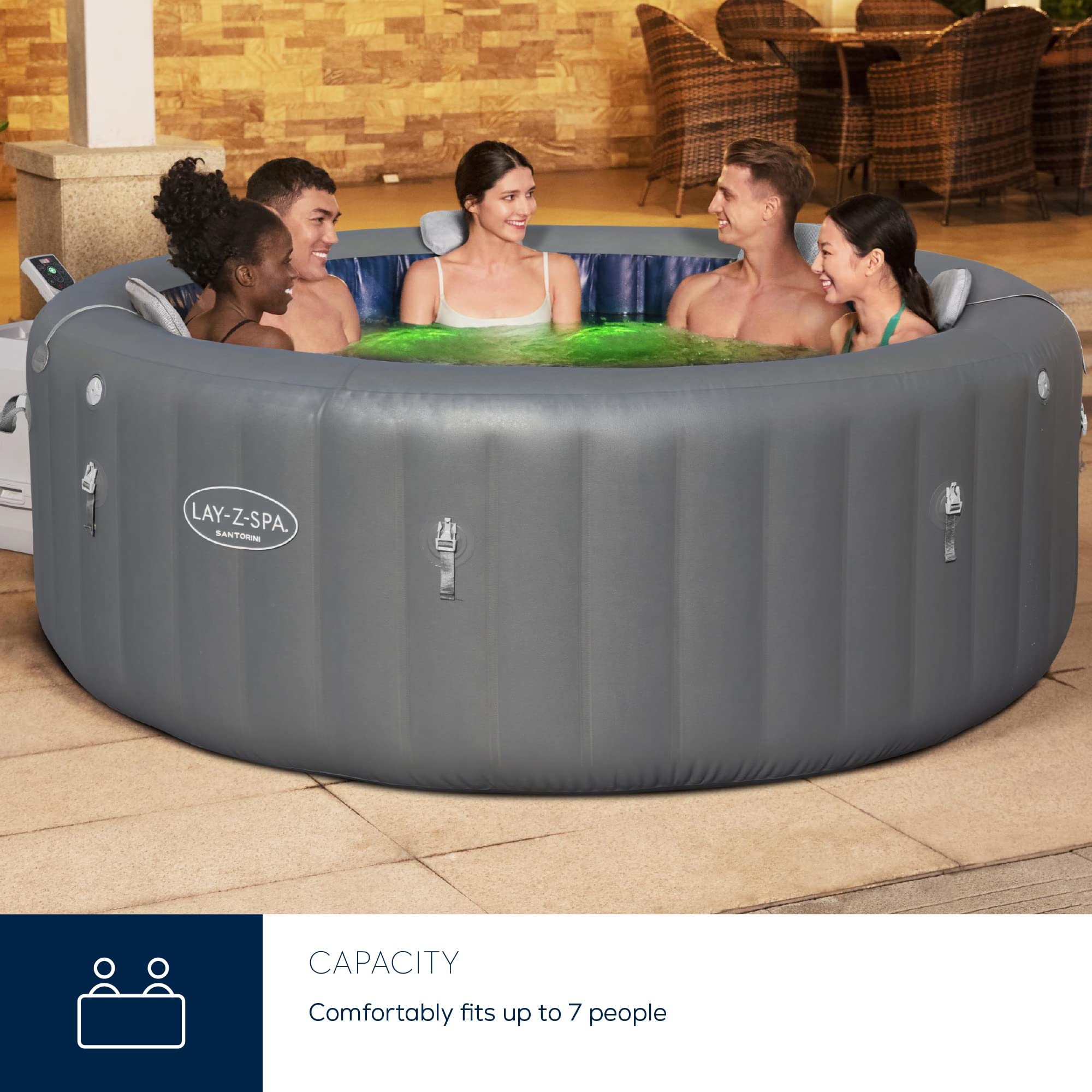 Lay-Z-Spa Santorini Pro Built in LED Light, 10 HydroJet System, Integrated Seats and Foot Massager Inflatable Hot Tub with Freeze Shield Technology, 5-7 Person, Grey