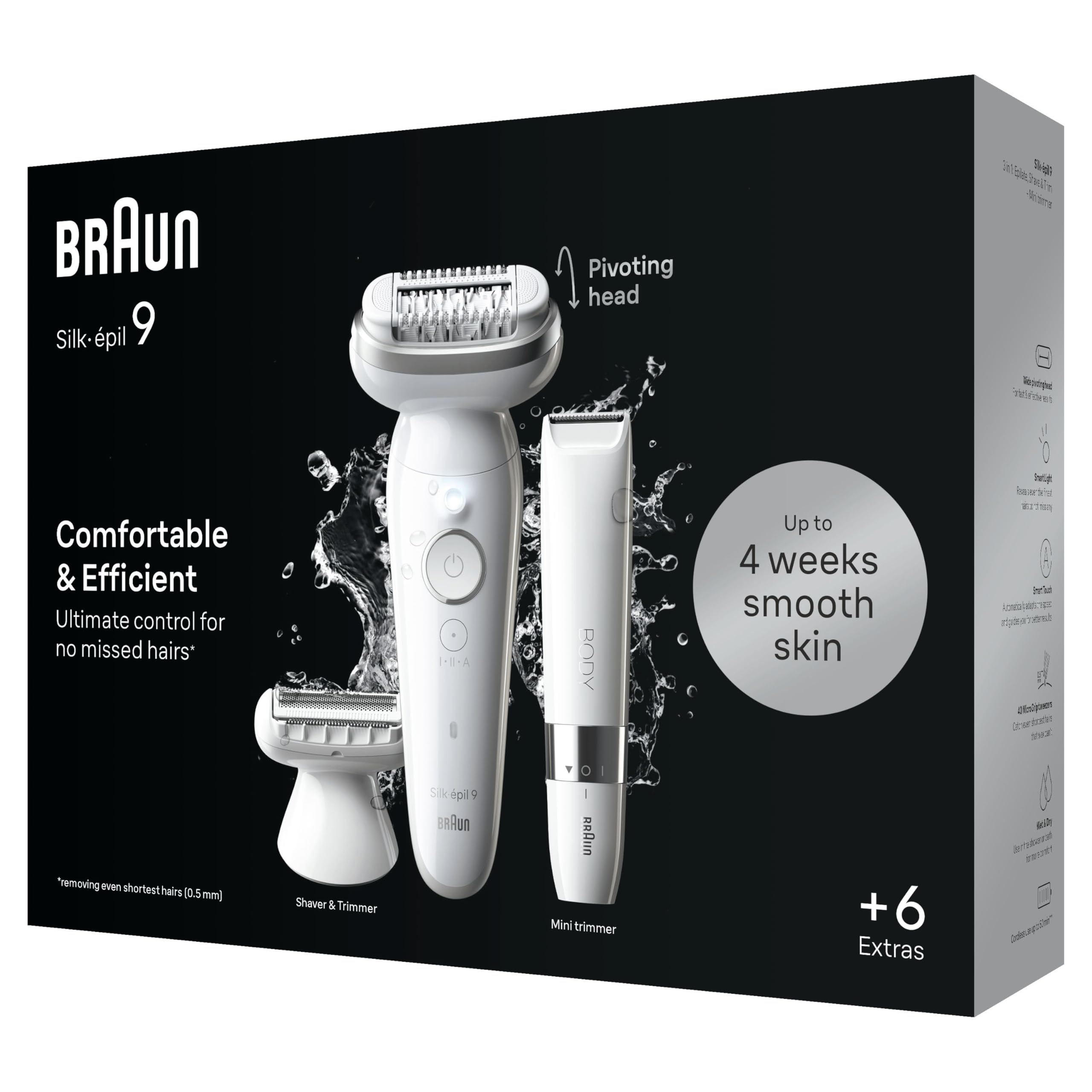 Braun Silk-épil 9, Epilator with Pivoting Head for Easy Hair Removal, Wet & Dry, Lasting Smooth Skin, with Lady Shaver Head & Trimmer Comb, 9-441, White/Silver with EU Plug