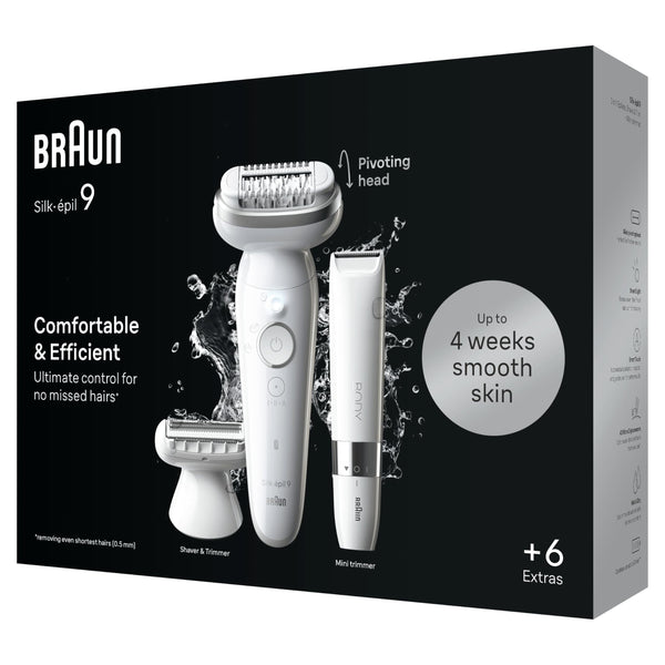 Braun Silk-épil 9, Epilator with Pivoting Head for Easy Hair Removal, Wet & Dry, Lasting Smooth Skin, with Lady Shaver Head & Trimmer Comb, 9-441, White/Silver with EU Plug