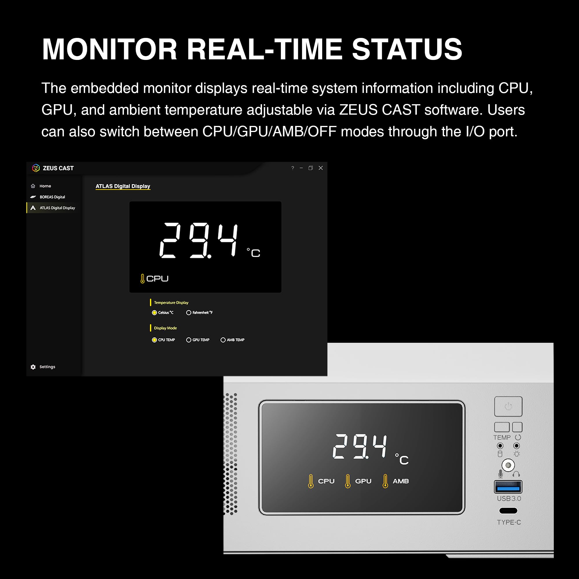 GAMDIAS PC Case, ATX Gaming Mid Tower, No-Hub, Real-time Monitor, Seamless Tempered Glass, Pre-install 3 x 120 mm ARGB PWM Fans, Side Vents Perforated, Black