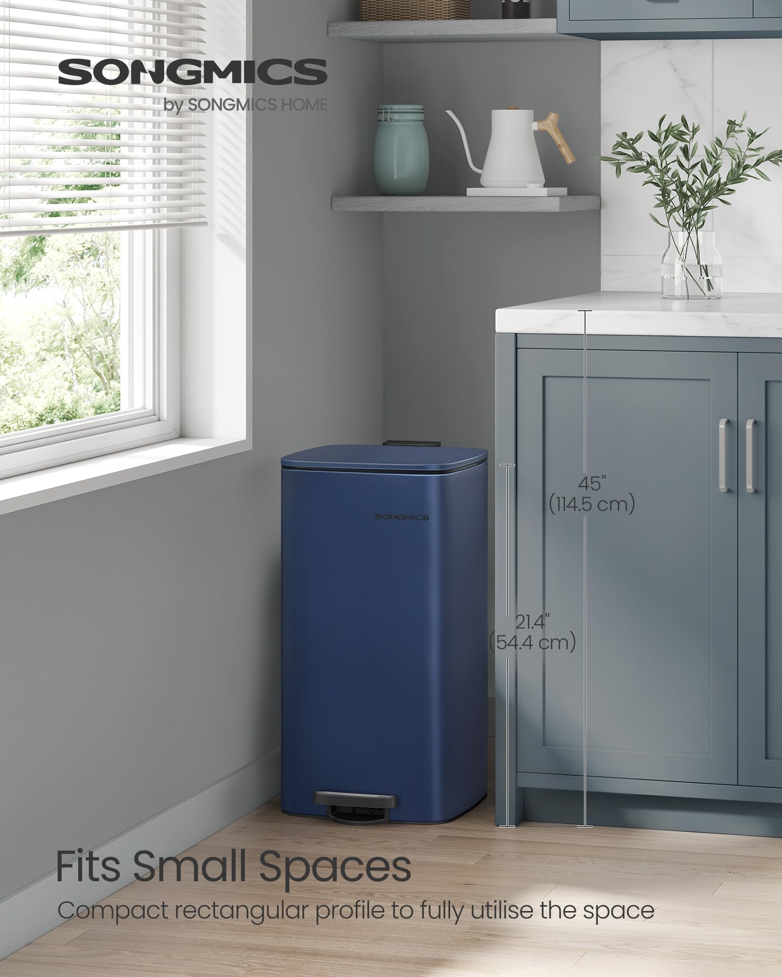 SONGMICS Kitchen Bin, 8-Gallon (30 L) Trash Bin, Steel Pedal Bin, with Inner Bucket, Soft Close and Stays Open, Ink Black LTB593B02