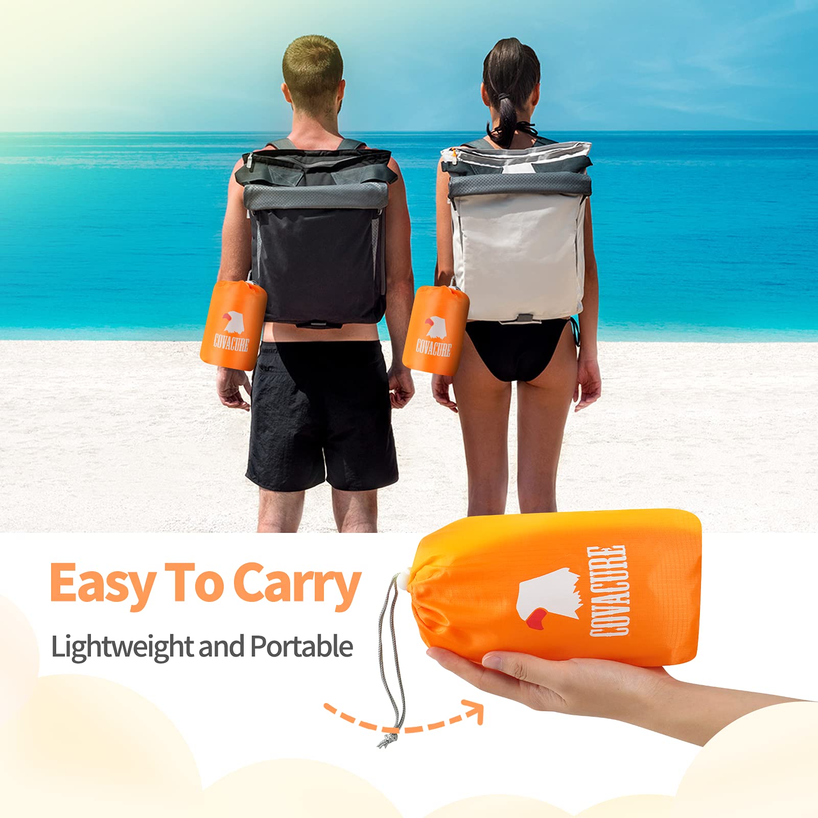 COVACURE Beach Blanket Mat with 3 Zipper Pockets, Extra Large 210 x 200cm Water Resistant Sand Proof Picnic Blanket for Camping, Hiking, Picnic (Orange)