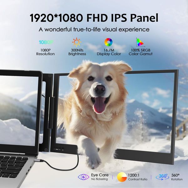 KPKUE 15.6" Laptop Screen Extender, FHD One Cable Monitor Extender, Dual Screen IPS Triple Screen Monitor Fits with 12''-16'' Laptop Compatible Mac Windows Chrome