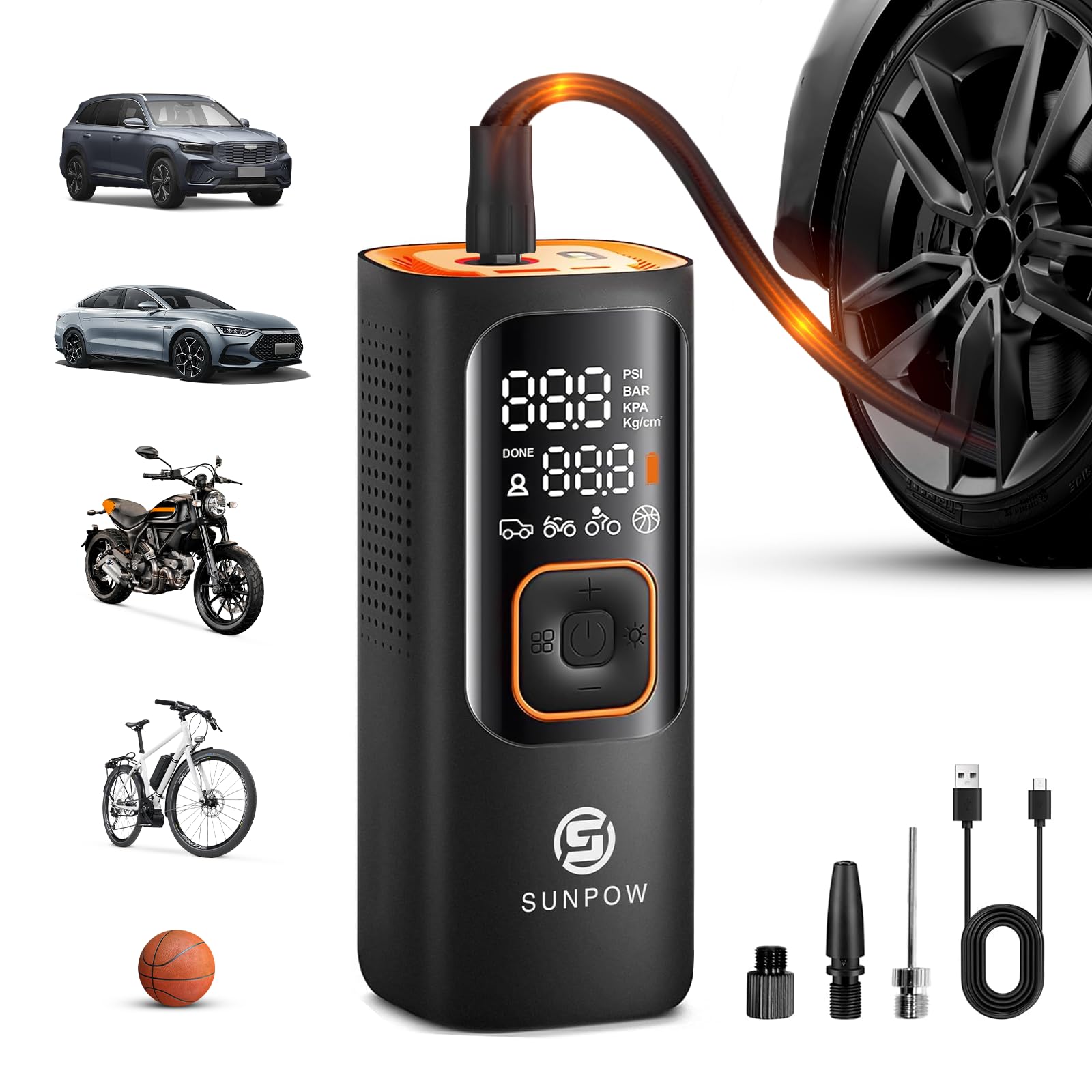 SUNPOW Electric Tyre Inflator Portable Air Compressor, 160psi Cordless Mini Air Compressor for Car Tires, Rechargeable 7500mah Battery, Auto-Shutoff Car Tyre Pump with LCD Dual Screen
