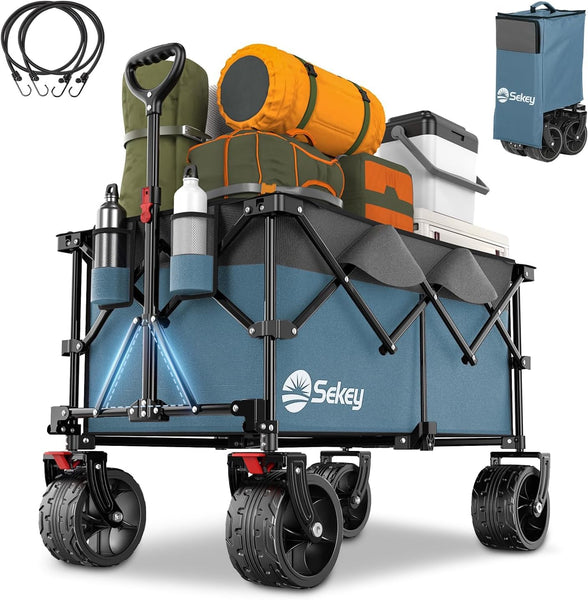 Sekey 200L Folding Festival Trolley with All-Terrain Extra Wide Wheels and Brake, Heavy-Duty Cart Loadable up to 150KG, Patented Four-Directional Foldable Design, Wagon for Beach Camping Outdoor, Grey