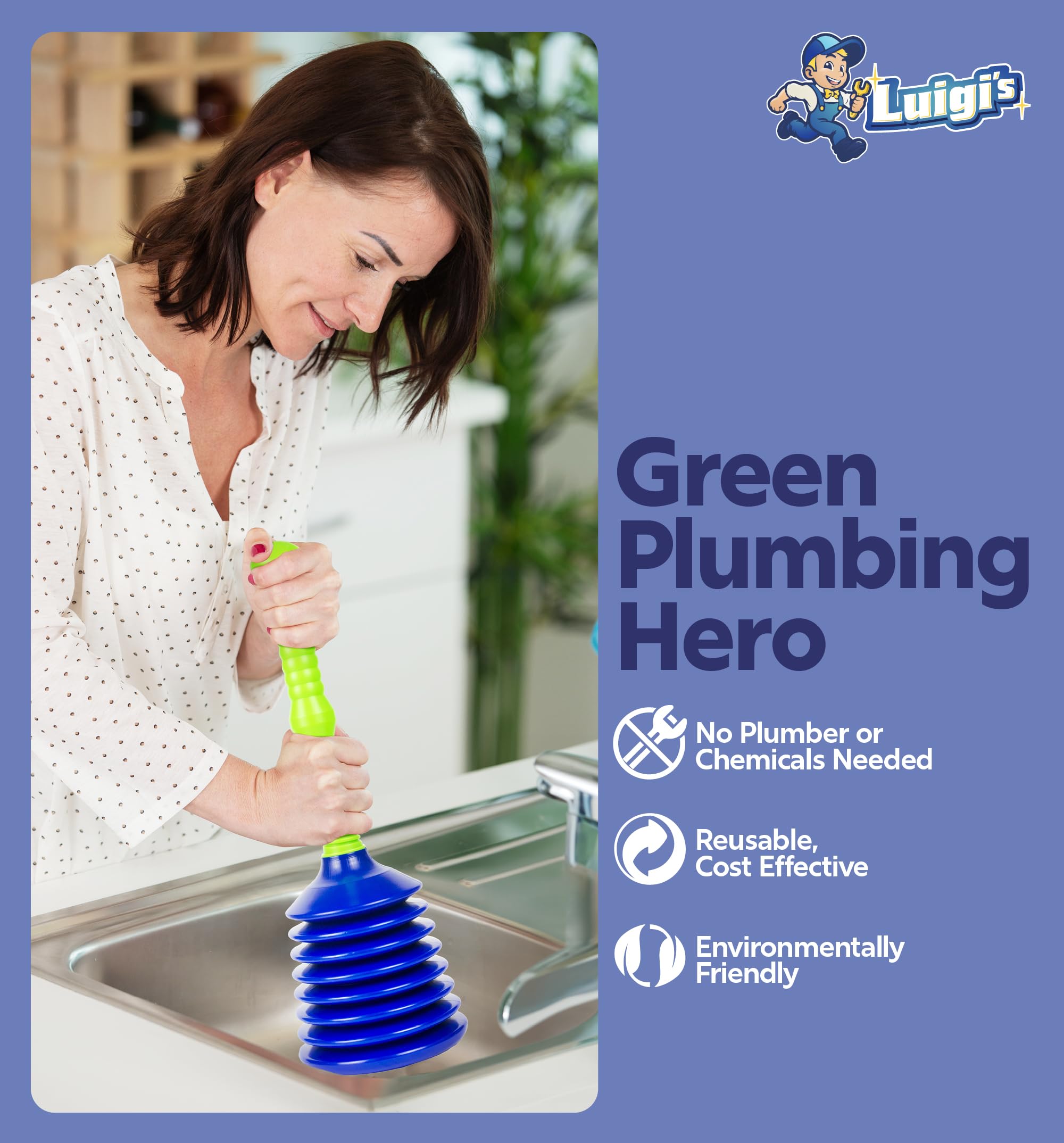 Luigi's Sink Plunger - Drain Plunger Sink Unblocker - Plungers for Unblocking - Drain Plungers for Bathroom Kitchen Bath Shower - Unblock Pump with Accordion Bellows