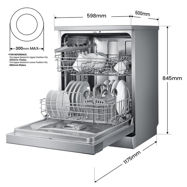 COMFEE' Freestanding Dishwasher FD1435E-X with 14 place settings, Full Size, Whisper Quiet 44dB, Wide LED Display, Delay Start, Half Load Function, Flexible Racks, Stainless Steel