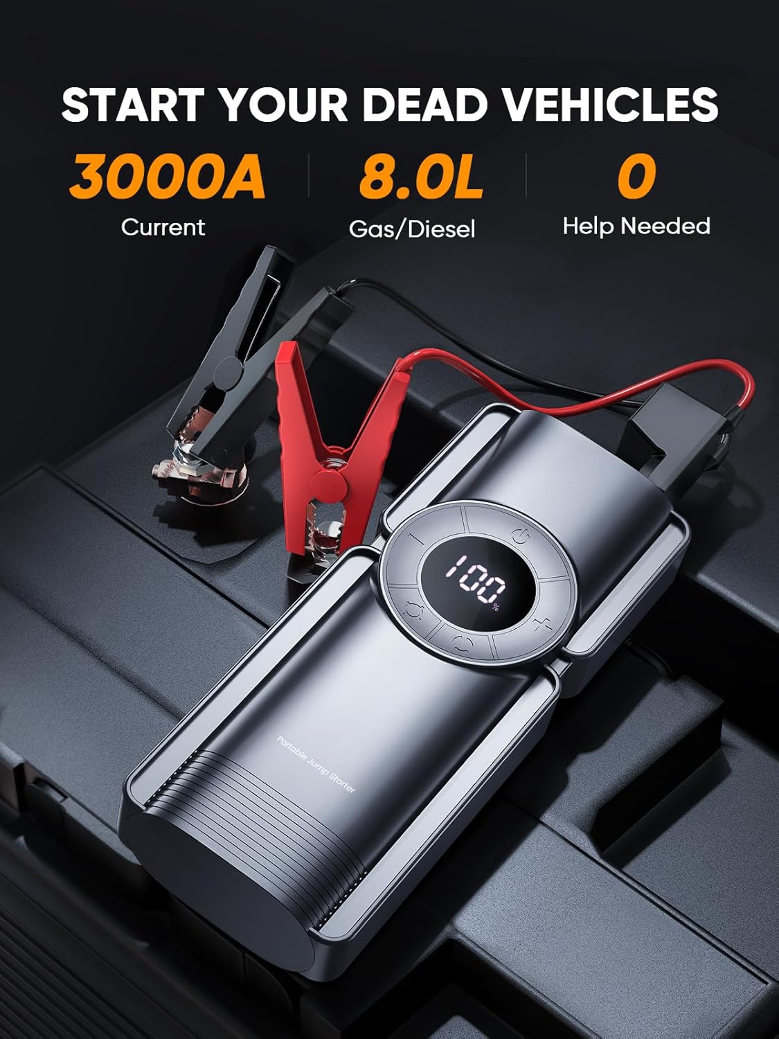 4-in-1 Jump Starter Power Pack, 3000A Car Battery Booster Jump Starter with 150 PSI Air Compressor(8.5L Gas/8.0L Diesel),Car jump Starter Power Bank with Digtal Display,Emergency Light