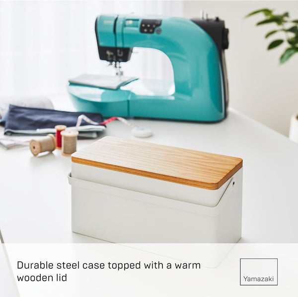 YAMAZAKI 5060 TOWER Sewing Box, White, Steel/Wood/ABS Resin/Cotton/Polyester, Minimalist Design, 27 x 14 x 13.5 cm (LxWxH)