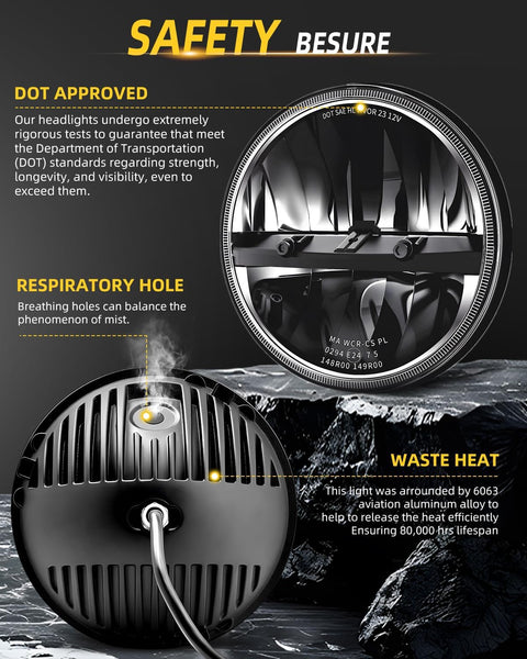 CO LIGHT 7 Inch LED Headlight Round Half Halo Angel Eyes DRL Amber Turn Signal Lights DOT and E-Mark Approved, H6024 LED Headlights with H4 H13 Adapter Compatible for Wrangler JK TJ LJ CJ, 2PCS