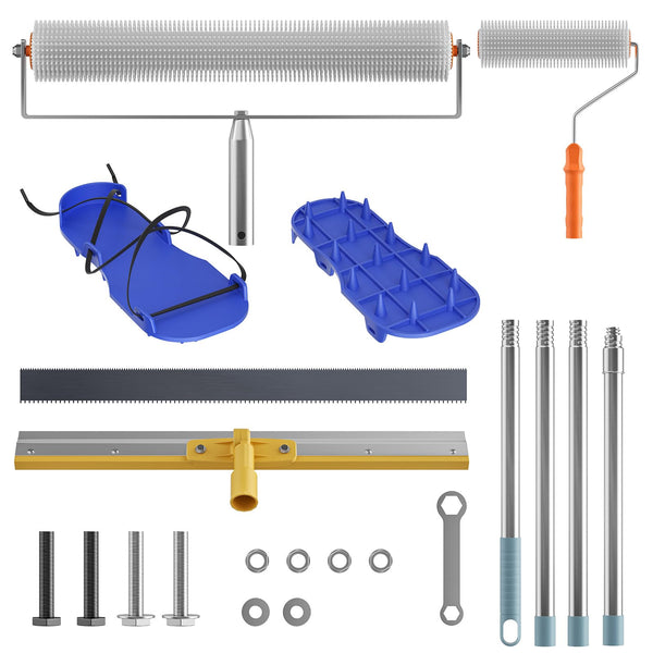 Cement Self-Levelling Tools, Large Defoaming Roller for Self-Levelling Floors with Removable 1.6m Long Extended Handle Notched Squeegee and Spiked