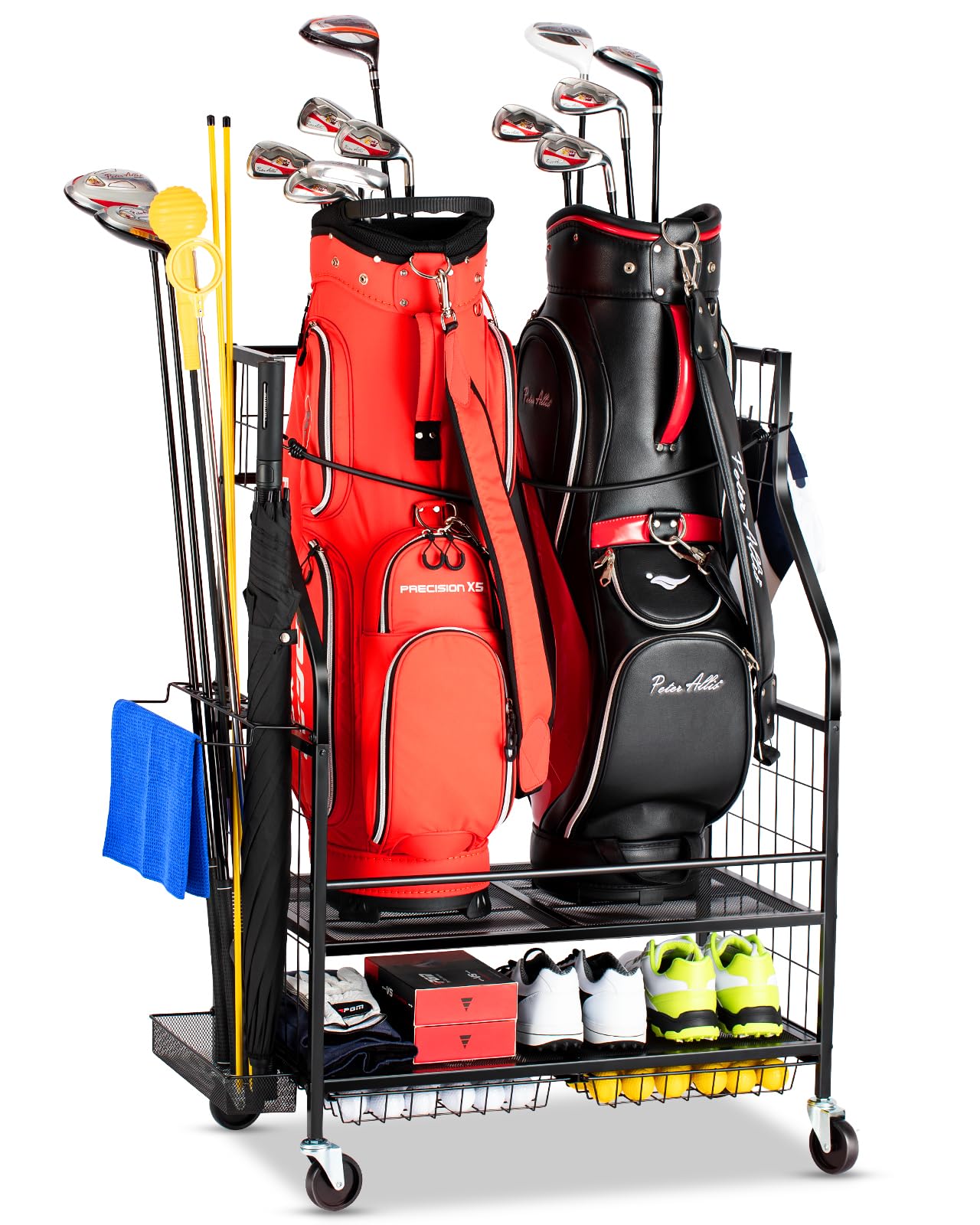 EXTCCT Golf Bag Storage Garage Organizer- Golf Bag Stand Fit for 2 Golf Bags and Golf Clubs, Golf Balls, Golf Equipment Accessories, Extra Large Golf