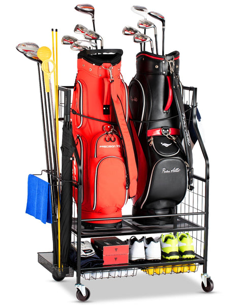 EXTCCT Golf Bag Storage Garage Organizer- Golf Bag Stand Fit for 2 Golf Bags and Golf Clubs, Golf Balls, Golf Equipment Accessories, Extra Large Golf