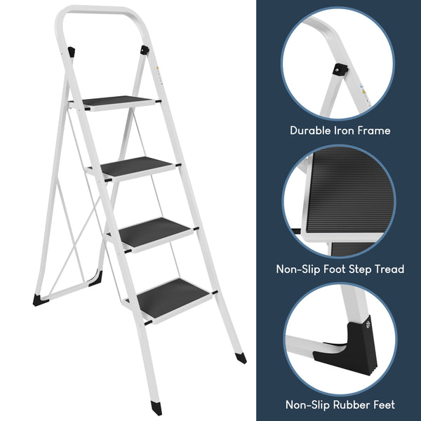 Home Vida 3 Step Ladder - Heavy Duty Steel Folding Ladder with Slip-Resistant and Wide Steps, Folding Mechanism, 150kg Max Load, Home/Kitchen/DIY/Garden Use, White