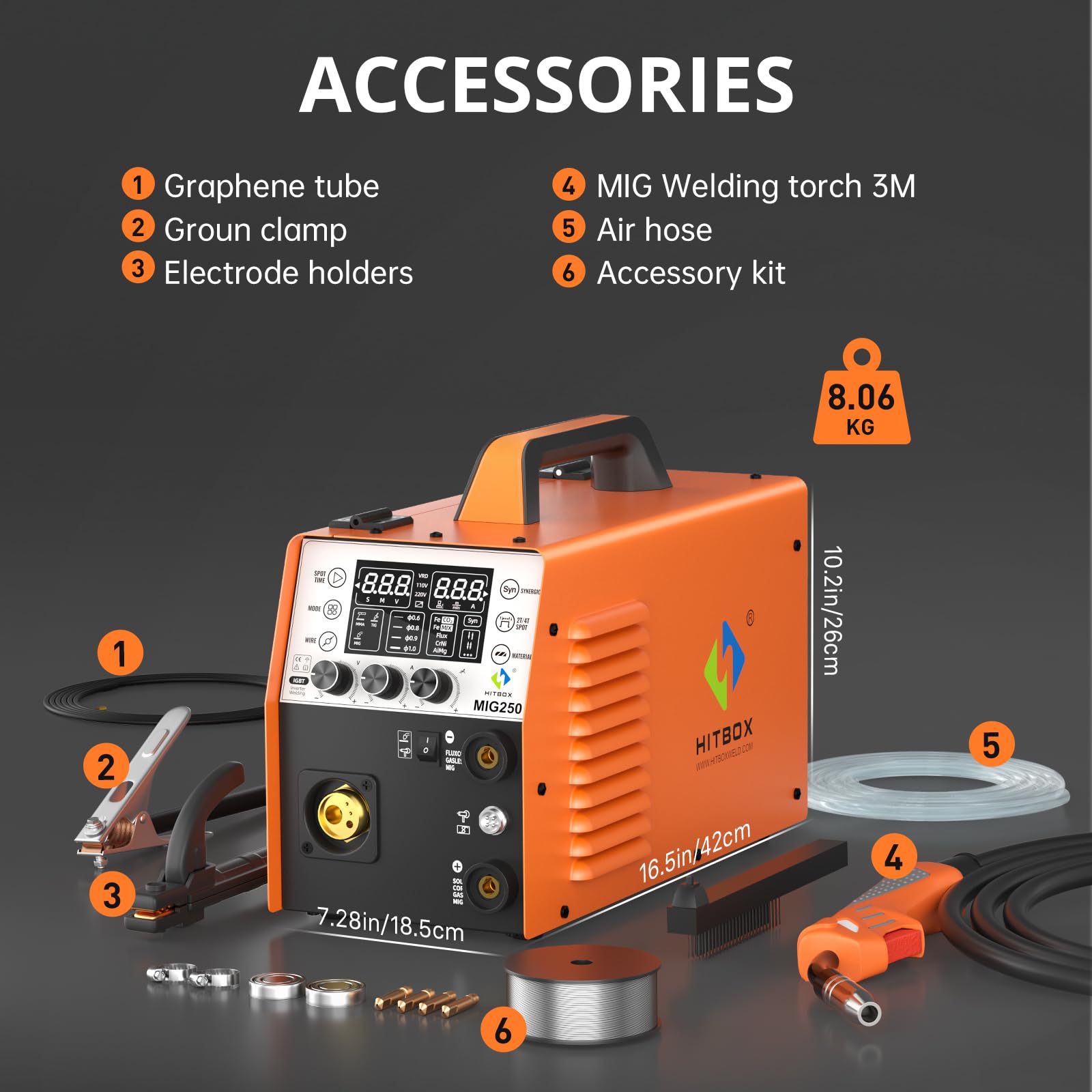 HITBOX 6 in 1 MIG Welder Gas/Gasless 250A 240V LED Digital MIG Welding Machine Flux Solid Wire MIG ARC Lift TIG Inverter Welders, Aluminum Weldable(MIG250)