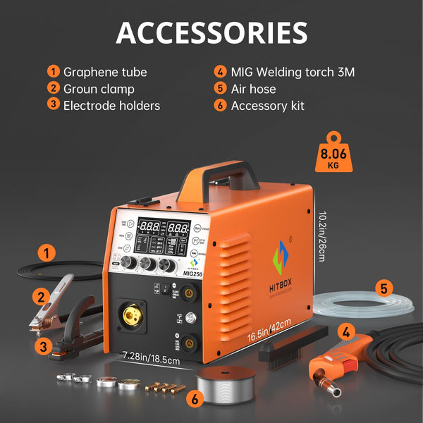 HITBOX 6 in 1 MIG Welder Gas/Gasless 250A 240V LED Digital MIG Welding Machine Flux Solid Wire MIG ARC Lift TIG Inverter Welders, Aluminum Weldable(MIG250)