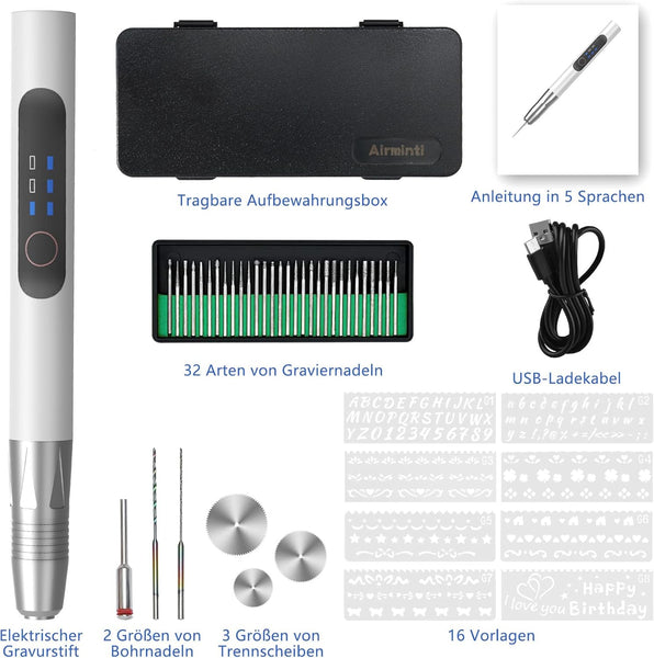 Airminti Engraving Pen Electric Engraving Tool Kit USB Cordless Rechargeable Engraving Pen Mini DIY Engraver Pen for Carving Glass Wood Metal Stone Plastic Nails Jewelry (Silver)