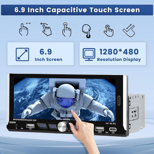 Hikity Single DIN 1DIN Car Stereo Wireless CarPlay & Android Auto 6.9 Inch Touchscreen Car Radio with Bluetooth 5.1 FM Dual USB Ports Type-C + Backup Camera + Remote Control + MIC