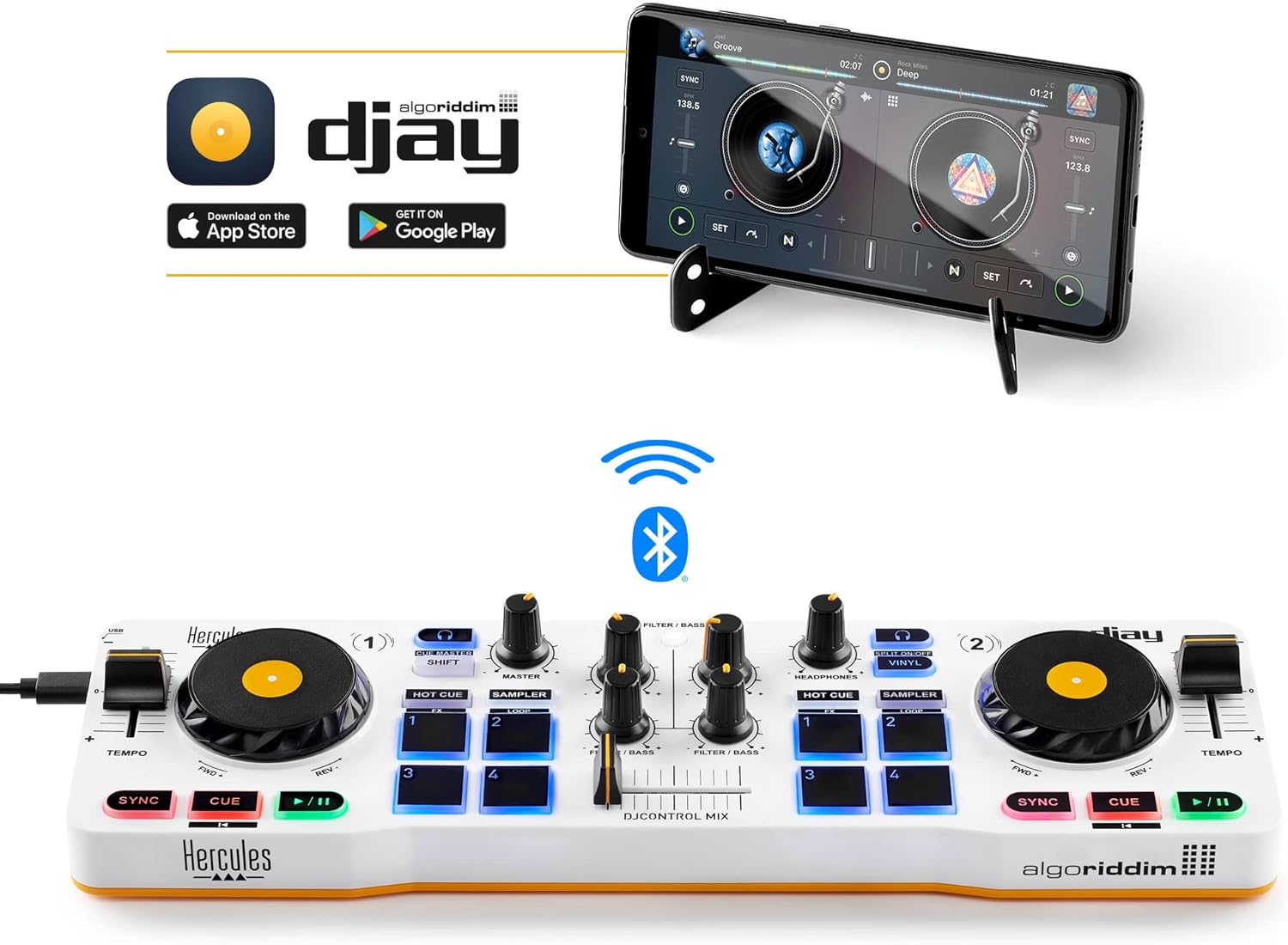 Hercules DJControl Mix – Compact DJ Controller with Built-In Soundcard, Performance Pads, and DJUCED Software for iOS & Android