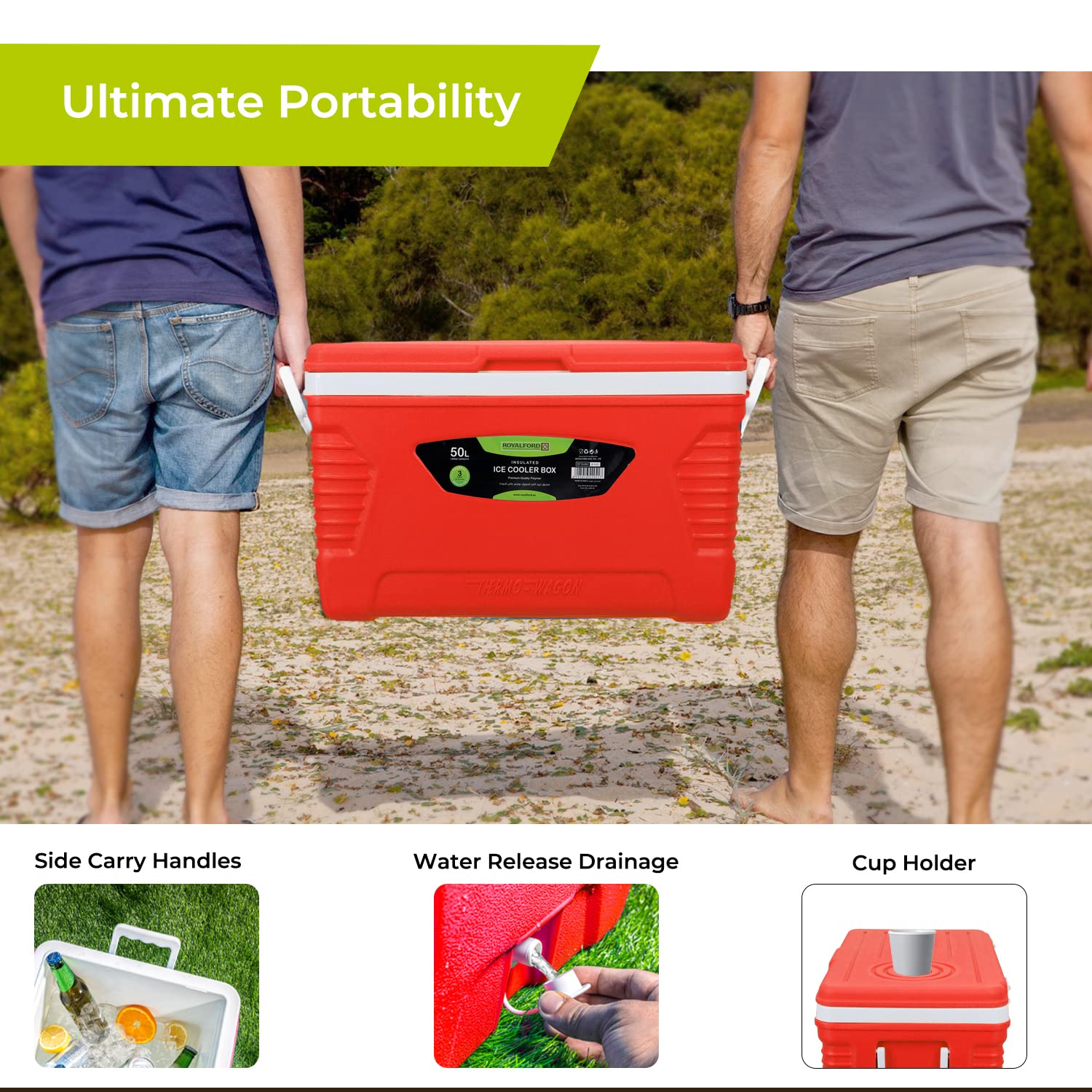 Royalford Insulated Cooler Box - Hot/Cold Freezer Box with Integrated Lock Lid and Carry Handle - Ideal for Beach and Picnic