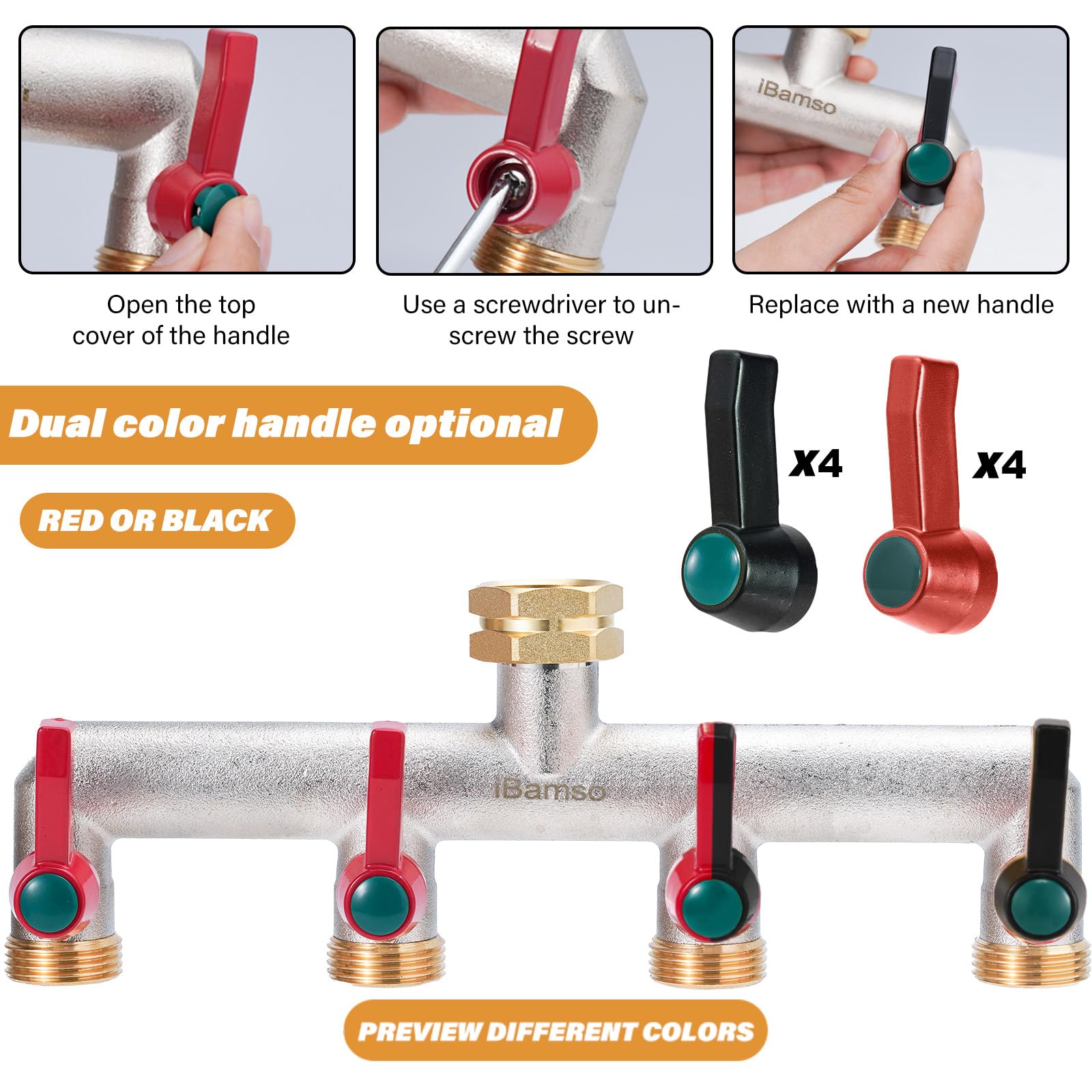 iBamso 4 Way Brass Hose Splitter, 3/4 Inch Tap Adapter Hose Pipe Tap Splitter Connection with 4 Individual Valves and Extended Handle for Outdoor