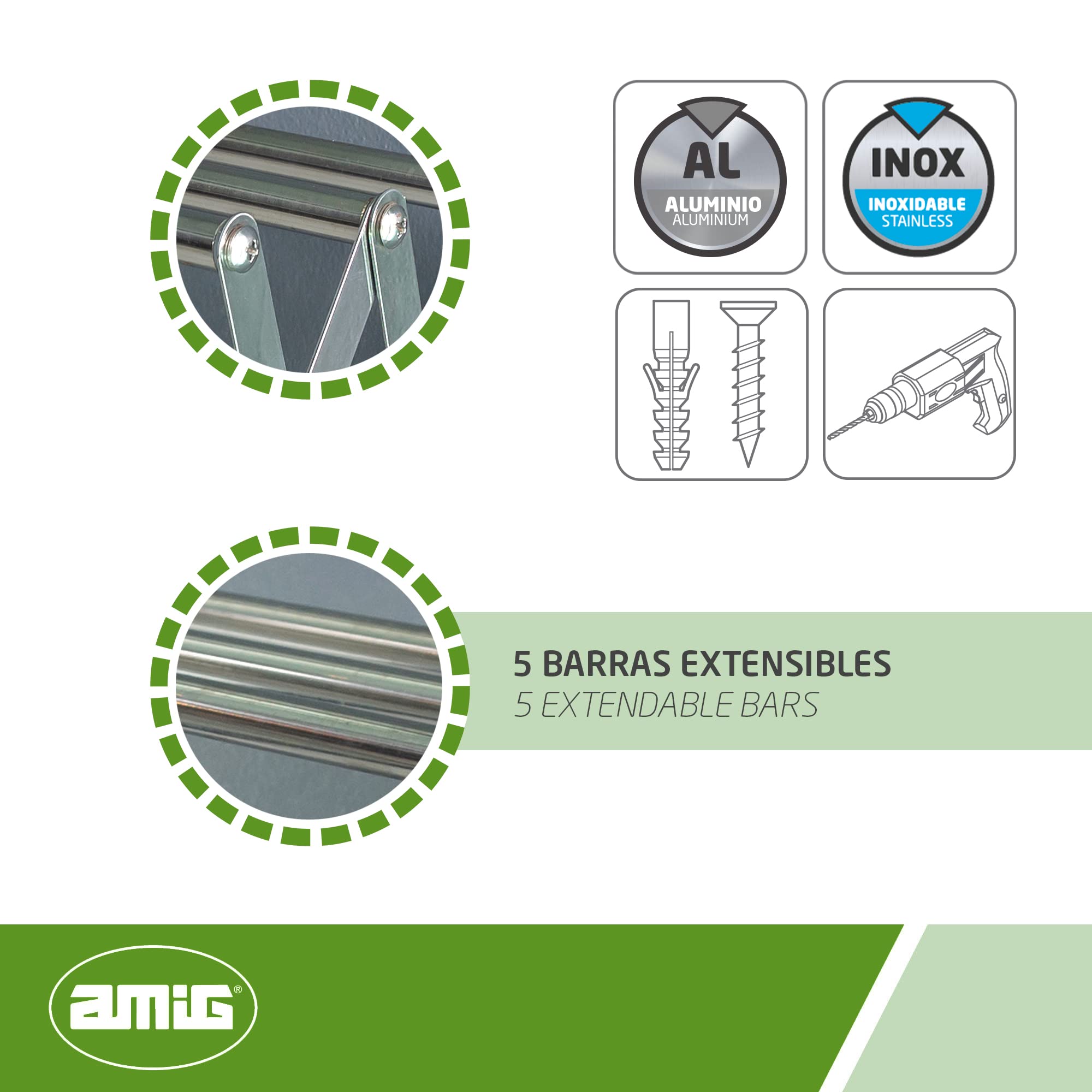 Amig Extendable Clothes Airer for The Wall | Highly Durable Aluminium | Stainless Steel Screws | for Indoor and Outdoor Use | Easy Installation |