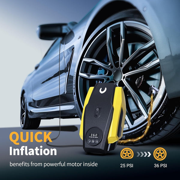 Powools Tyre Inflator Portable Air Compressor - Air Pump for Car Tyres - 12V DC Compact Tyre Pump with Auto Shutoff Function - Multipurpose Car Accessory with LED Light, Yellow, Medium