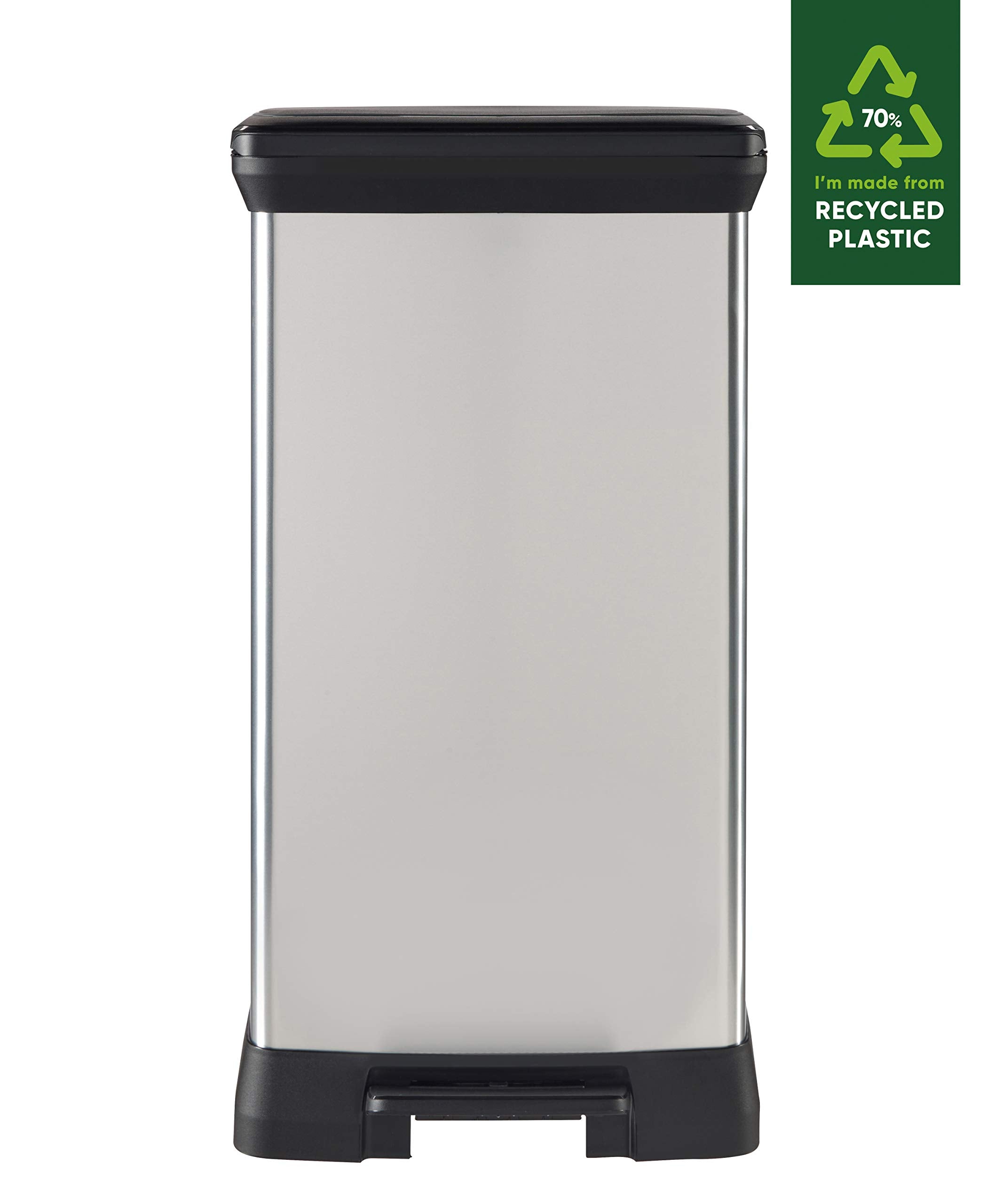 Curver Metal Effect 70% Recycled Kitchen Pedal Touch Deco Bin 50 Litres - Silver