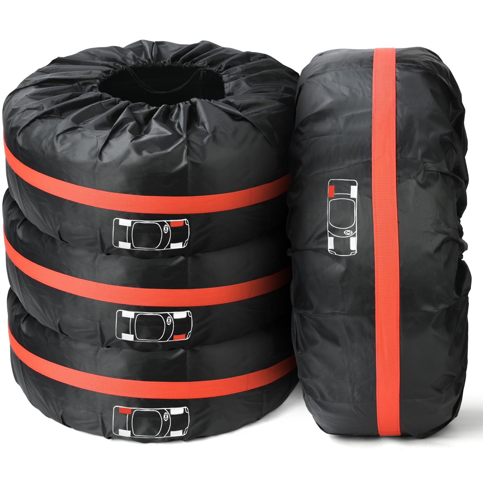 Car Spare Tire Covers 4 Pack, 13-18 IN Tyre Bag Set, Diameter 66cm Wheel Protection Cover, Tyre Bags with Handle, Waterproof Dustproof Auto Spare Tires Storage Bags for Car UV SUV Truck Black S
