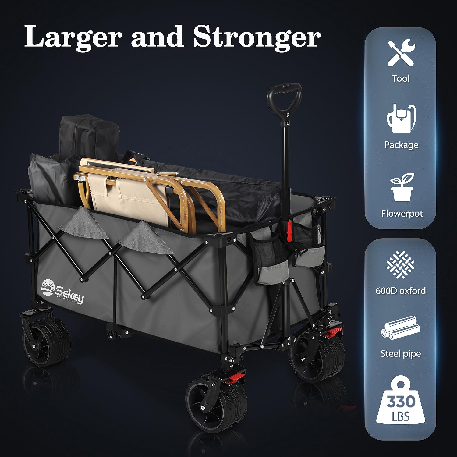 Sekey 200L Folding Festival Trolley with All-Terrain Extra Wide Wheels and Brake, Heavy-Duty Cart Loadable up to 150KG, Patented Four-Directional Foldable Design, Wagon for Beach Camping Outdoor, Grey