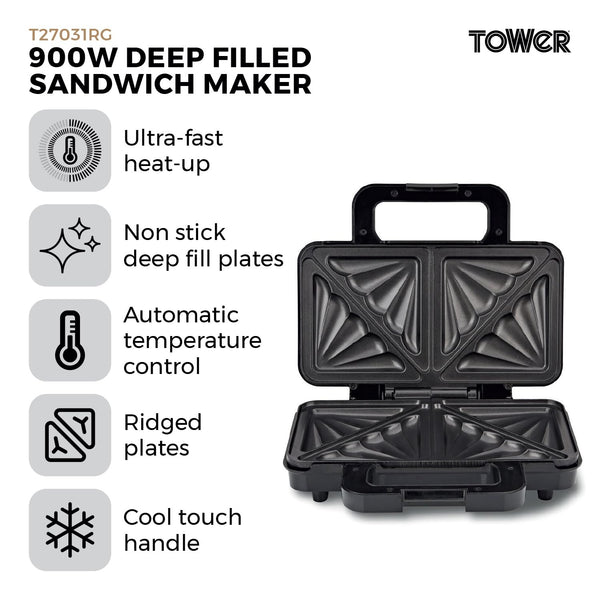 Tower T27032 3-in-1 Deep Filled Snack Maker with Non-Stick Coated Plate and Automatic Temperature Control, 900W, Stainless Steel
