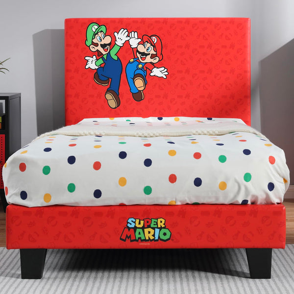 X-Rocker Official Nintendo Super Mario Gaming Bed for Kids, 3ft Single Bedstead Frame, Wooden Slats, PU Faux Leather Upholstered Headboard, Mario & Luigi, Kids Bedroom for Gamers 90x190cm - RED