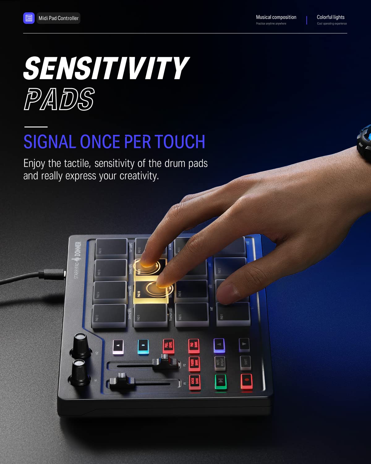 Donner MIDI Pad Controller Keyboard USB Type-C, Professional Drum Pad Machine Beat Maker with 16 Pads, MIDI out, 2 Assignable Fader and Knobs (STARRYPAD MINI, Black)