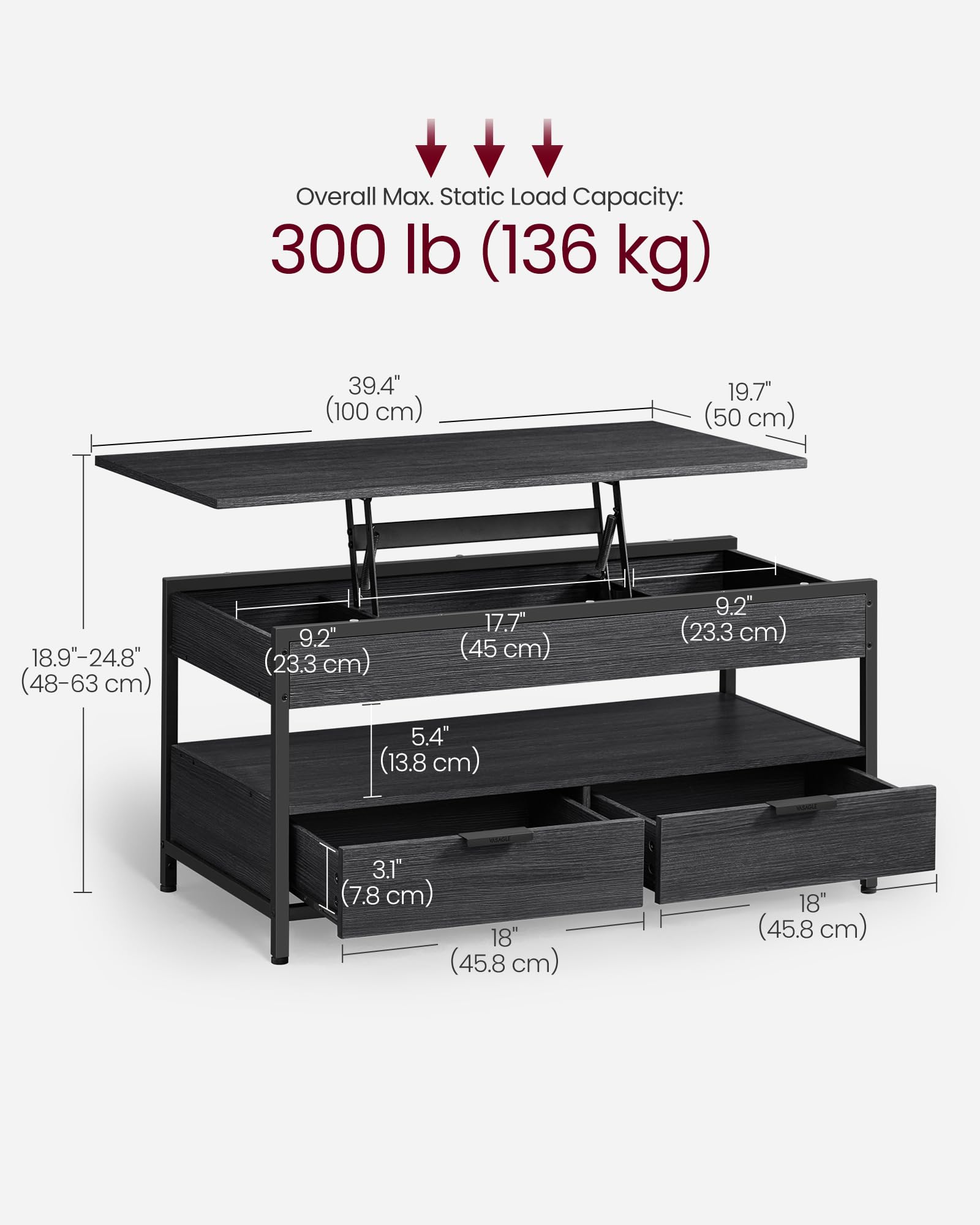 VASAGLE Lift Top Coffee Table, Living Room Table, with Storage Drawers, Hidden Compartments, and Open Shelf, Rustic Brown and Ink Black LCT209K01