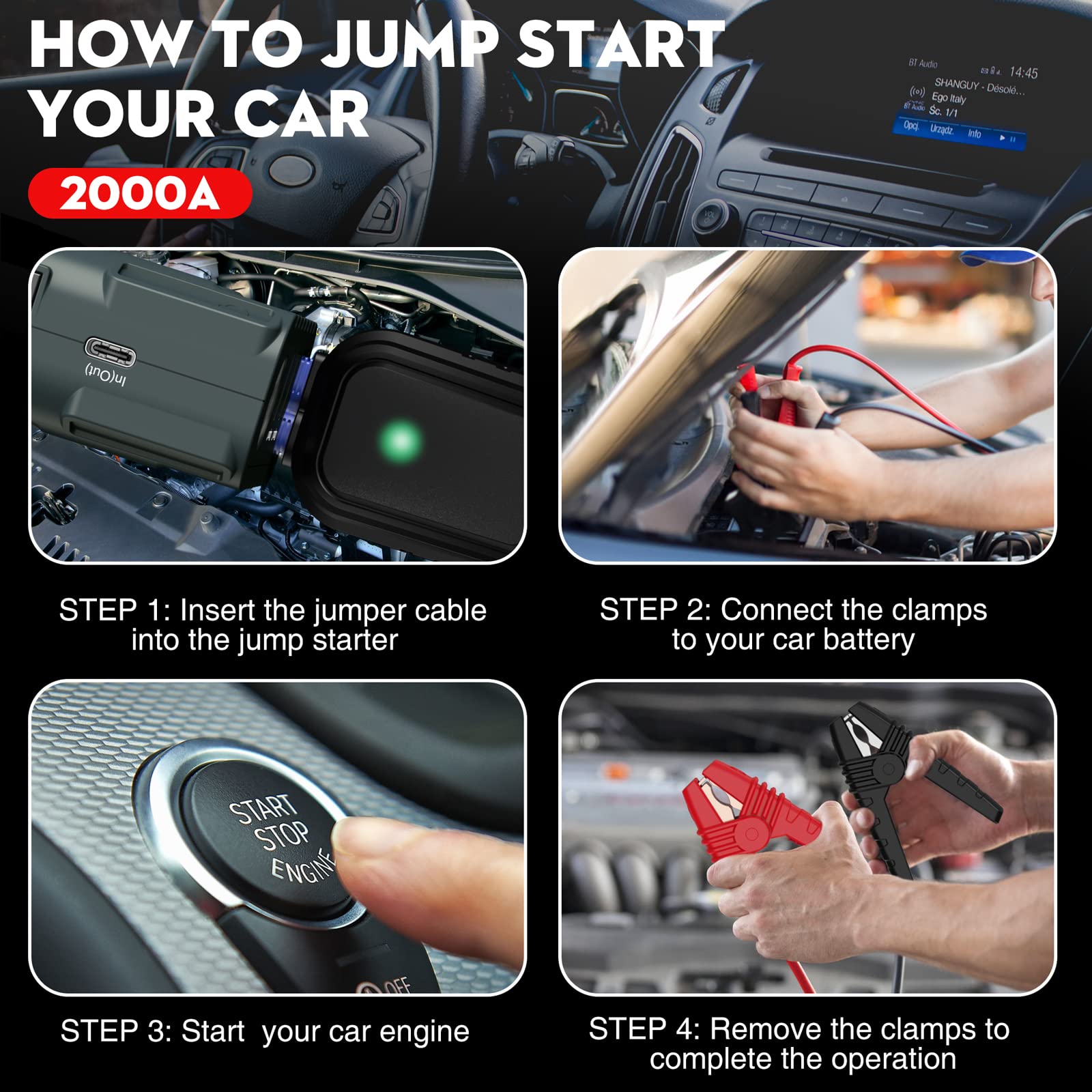 NEXPOW Car Jump Starter, 2000A Peak 12V Portable Car Battery Starter, Auto Battery Booster, Lithium Jump Box with LED Light/USB Quick Charge 3.0