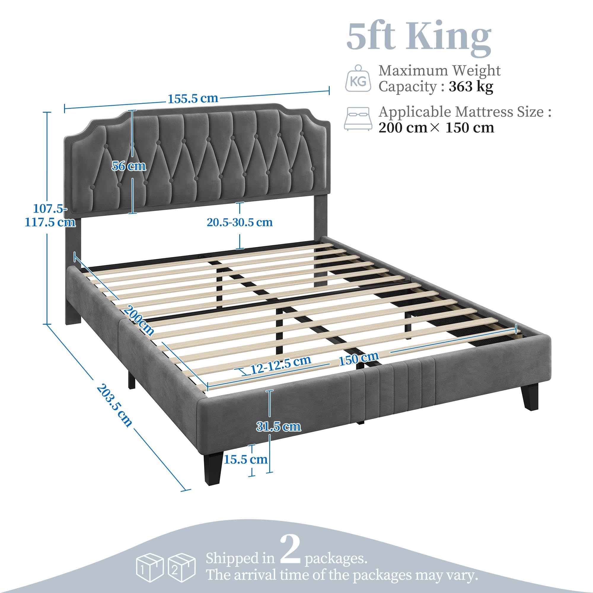 Yaheetech 5ft King Bed Frame Upholstered Platform Bed with Adjustable Button Tufted Headboard/Velvet Fabric/Sturdy Wooden Slat Support/No Box Spring Needed, Dark Grey King Bed