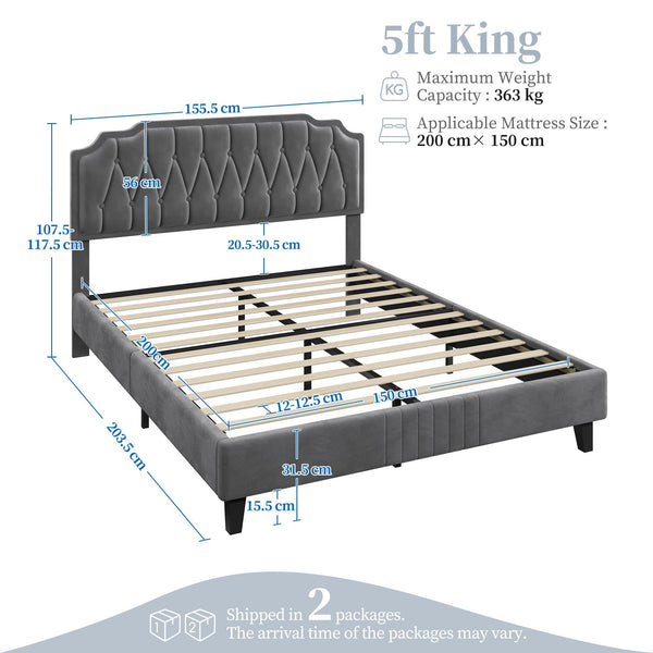Yaheetech 5ft King Bed Frame Upholstered Platform Bed with Adjustable Button Tufted Headboard/Velvet Fabric/Sturdy Wooden Slat Support/No Box Spring Needed, Dark Grey King Bed