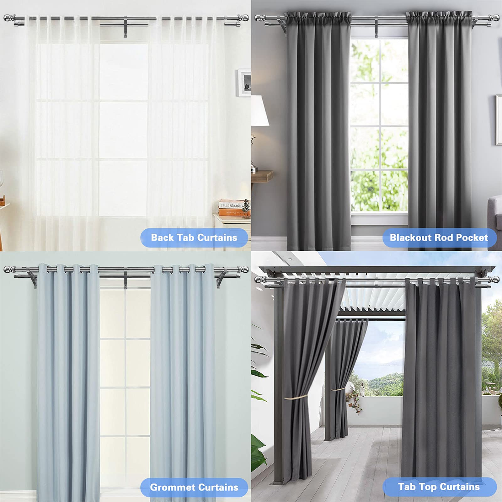 Harrms Double Curtain Pole, Curtain Poles for Eyelet Curtains, Silver Curtain Pole 76-332cm, Extendable Metal Curtain Rod Stainless Steel Room