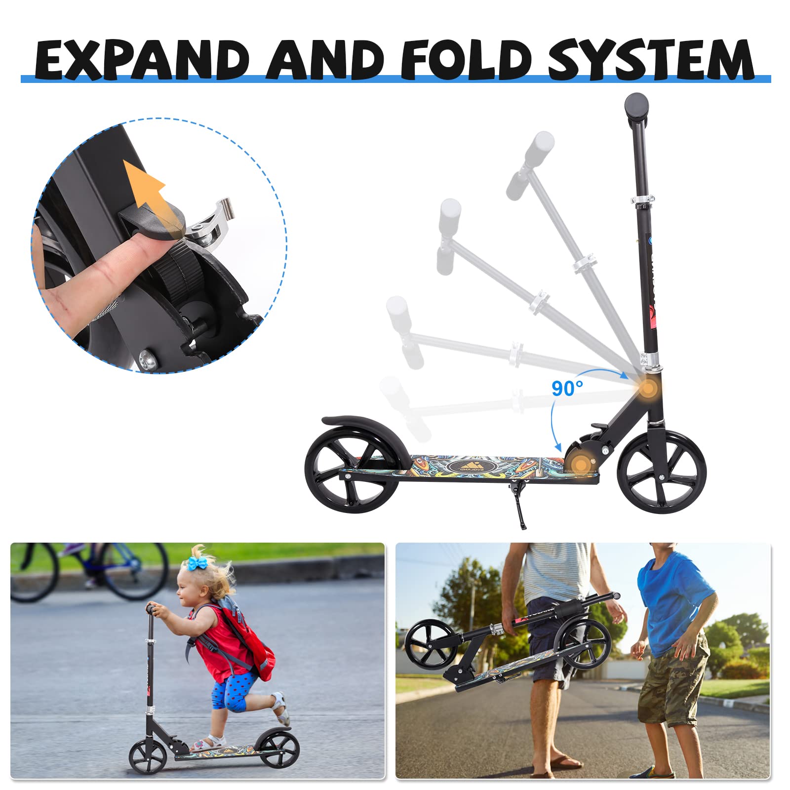 EVOLAND Kick Scooter Foldable, Adjustable Height 2 Wheels Scooter with Lightweight Aluminium Deck for Boys and Girls Teens Aged 8/9/10/11/12+