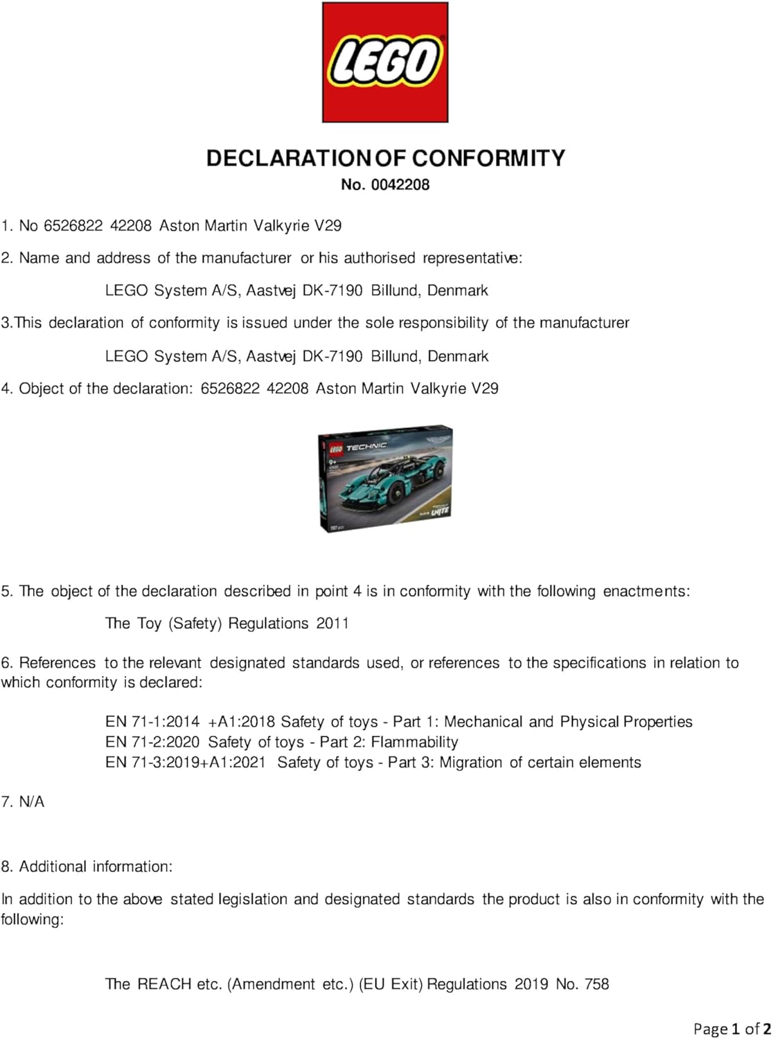 LEGO Technic Aston Martin Valkyrie Buildable Car Model Kit, Vehicle Toy for Kids, Creative Gift for Boys and Girls Aged 9 and over 42208