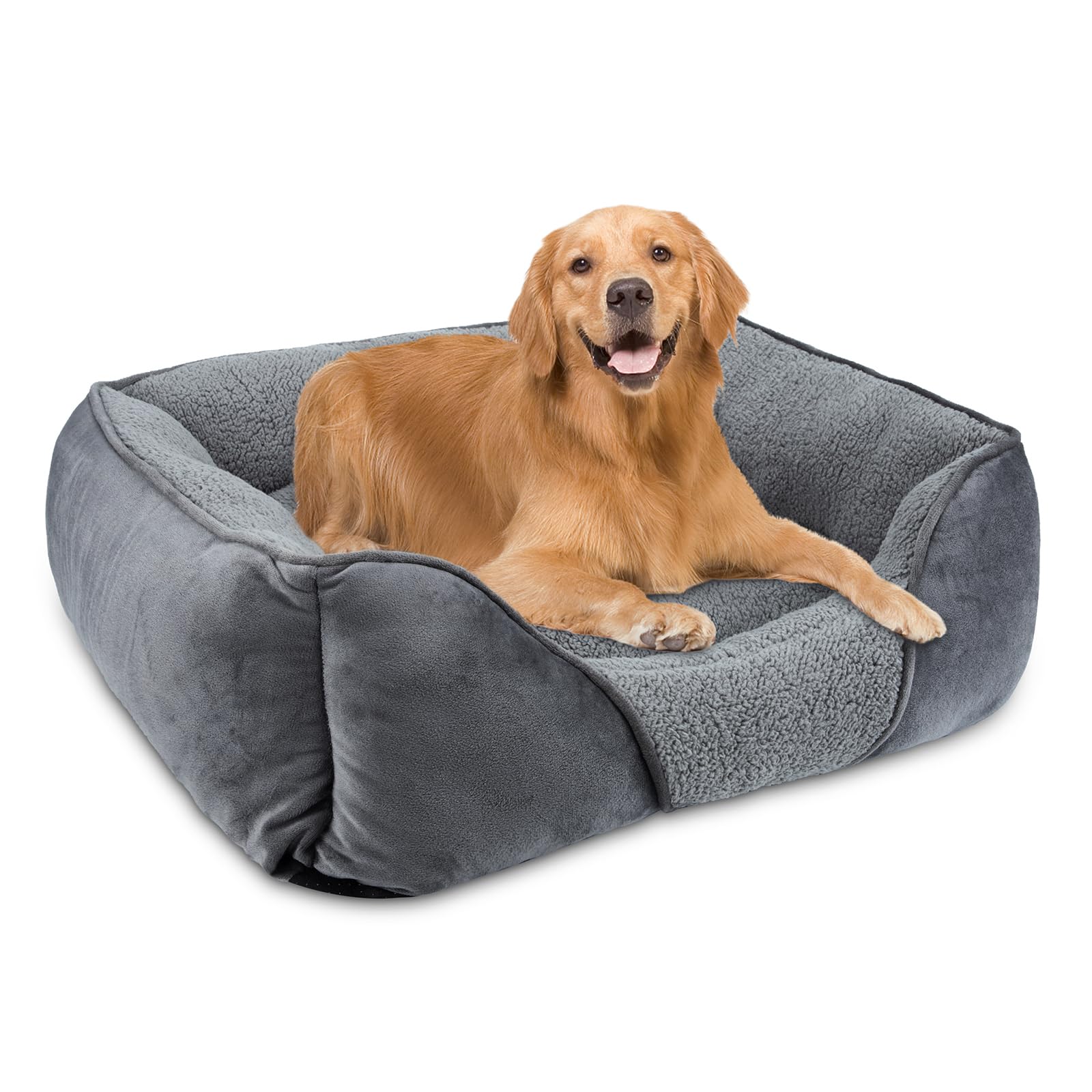 MIXJOY Large Dog Bed Washable, Grey Dog Bed Puppy Beds Orthopedic Pet Bed with Anti-Slip Bottom, Low Front Edge Dog Bed for Border Collie, Golden Retriever, French Bulldog, 76×61×23 cm