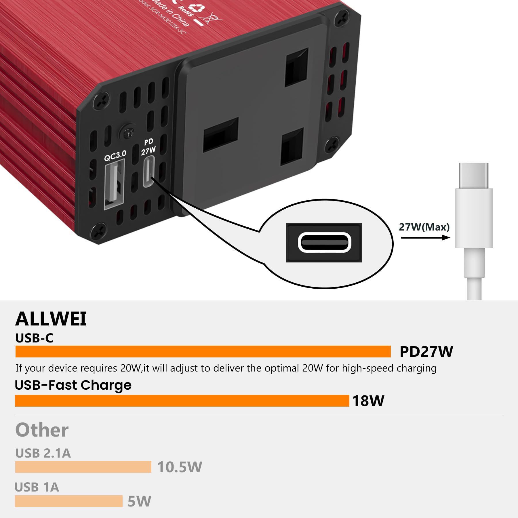 ALLWEI 300W Car Power Inverter with 27W USB-C and 3.0 USB Port - DC 12V to 240V / 230V AC Power inverters for Vehicles Converter Fast Charging Ports Car Charger Adapter (Red)
