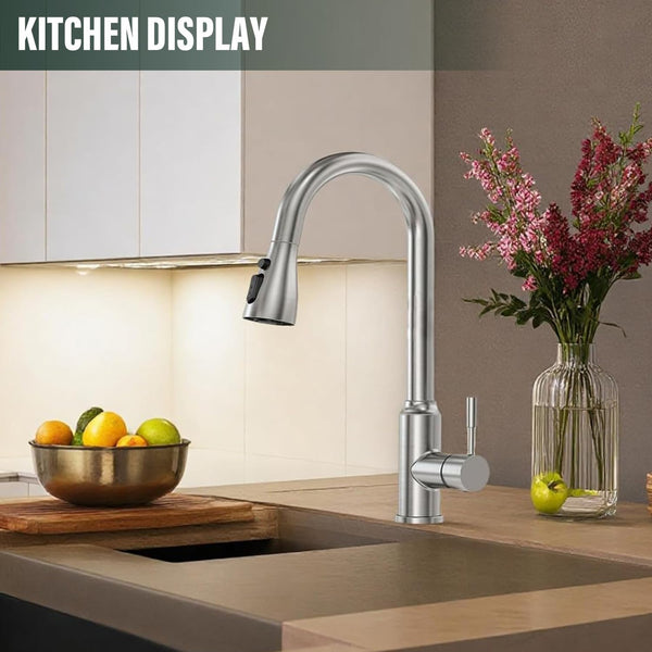 ModHm Pull-Out Kitchen Taps, Brushed Steel Single Handle High-Arc with Hot/Cold Dual Hose Kitchen Mixer Tap, Countertop 360° Swivel Dual Spray Modes Faucet, Easy Installation with Fittings Included