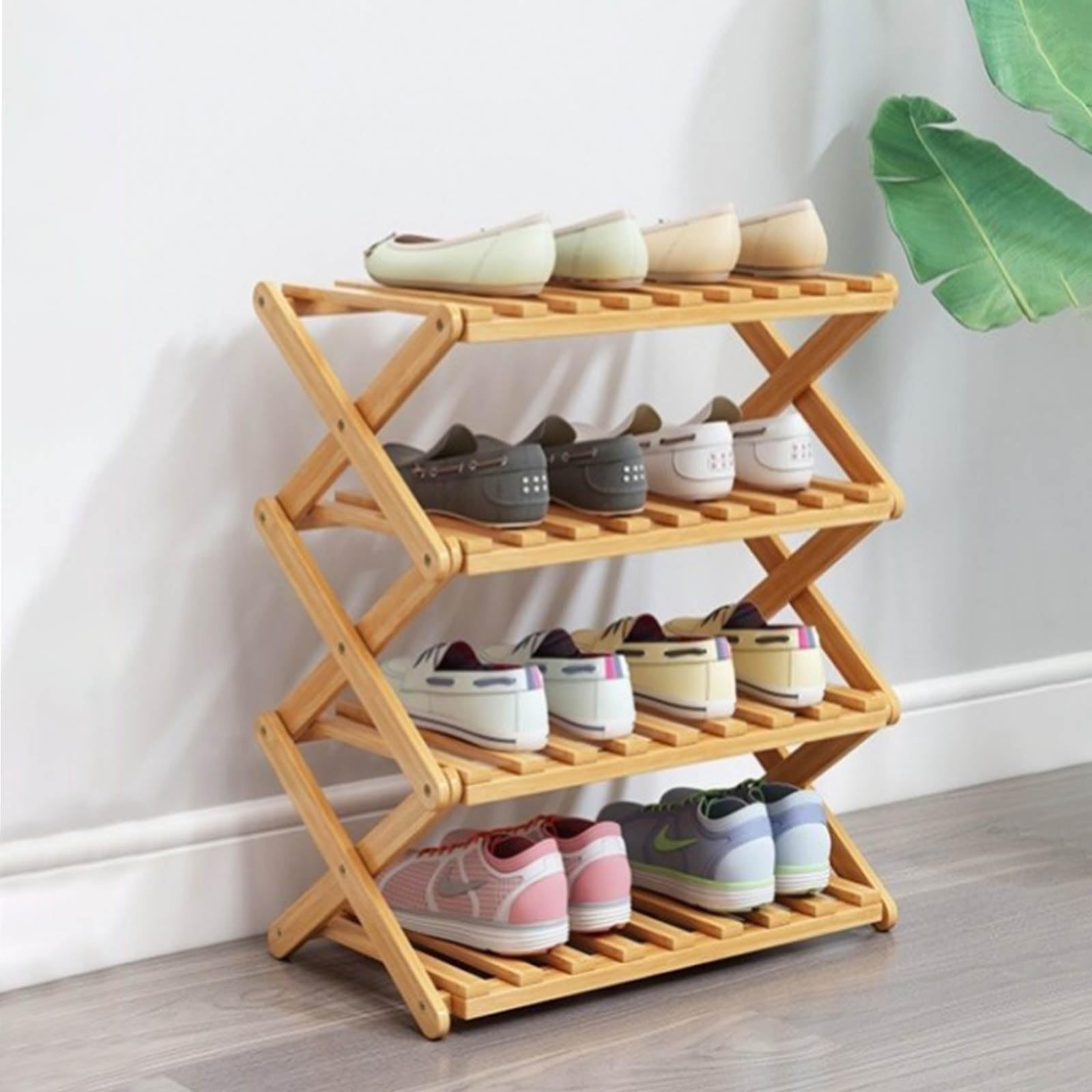 Glsety 4 Tier Bamboo Shoe Rack,Portable Folding Shoe Storage Rack,Without Installation Small Shoe Rack Perfect for Corridors, Bedrooms and Small