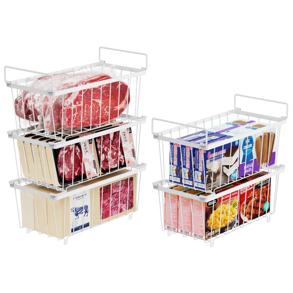 iSPECLE Chest Freezer Organiser - 5 Pack Stackable Baskets for 198L Deep Freezer, Easily Sort and Access Frozen Food with Handles, White