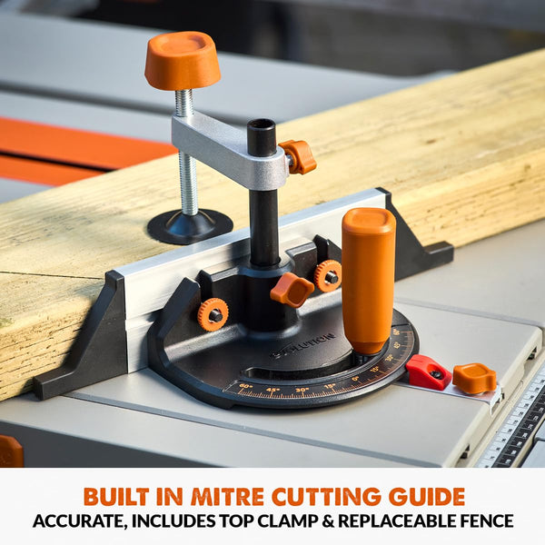Evolution Power Tools R255TBLX+ Table Saw With Stand (Next Gen Rage 5-S) Multi-Material Cutting Blade Included Cuts Wood Metal Plastic, 45˚ Bevel, +/- 60˚ Mitre Angle, 85mm Cut Depth, 1800w Motor 240v