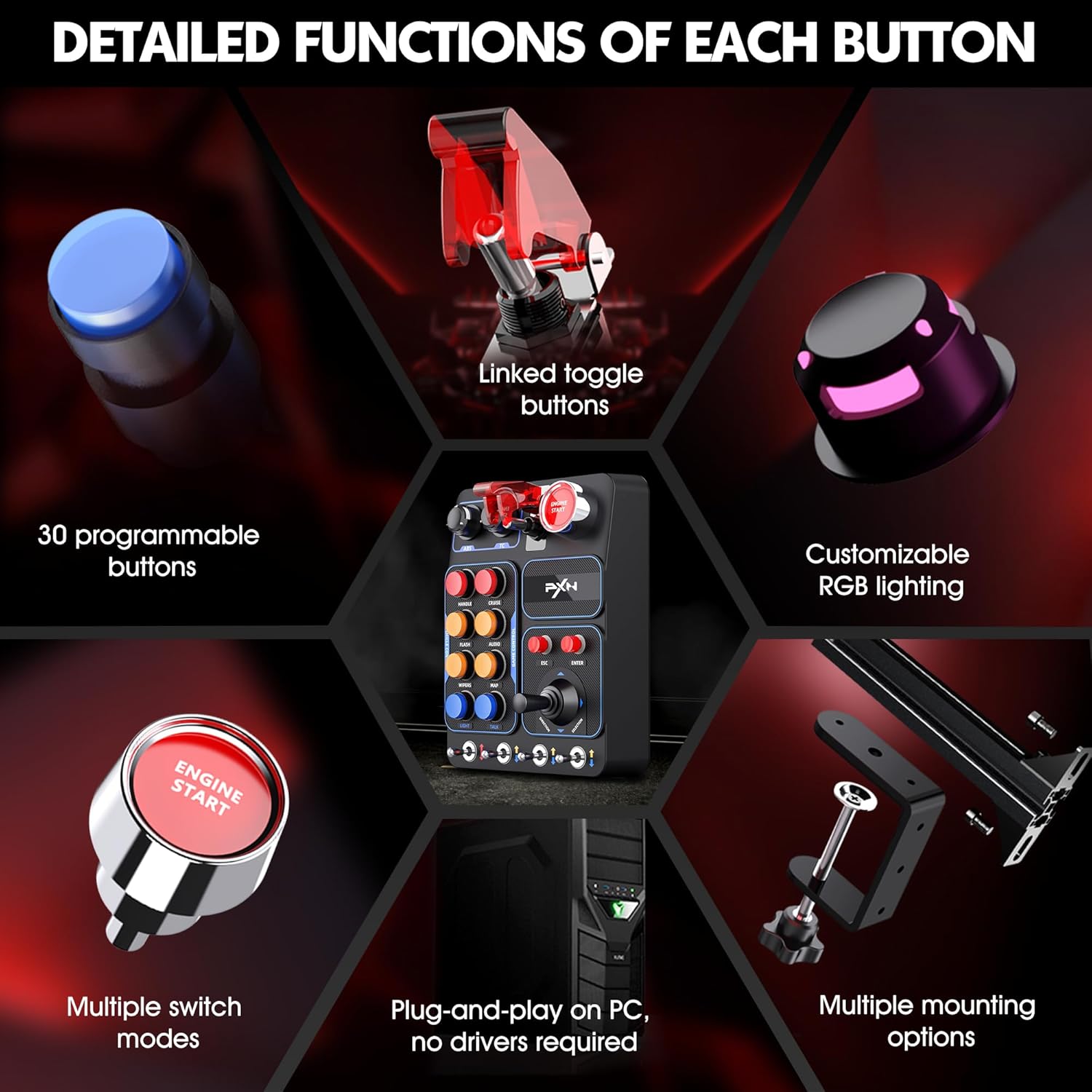 PXN CB1 Button Box, ETS2 Buttons Box, PC Control Box for Racing, Truck, Flight & Farm Simulator Games | 19 Sim Buttons & Switches, Adjustable RGB Lighting, Mounting Clamp