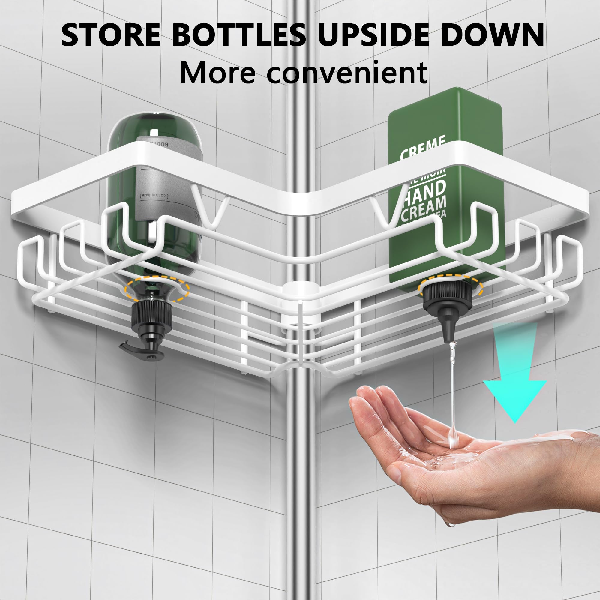 Kegii Telescopic Shower Caddy Corner - Stainless Steel Shower Shelf No Drilling Bathroom Caddy with Soap Holder and Hooks(White), On The Bath or Stand Up Shower