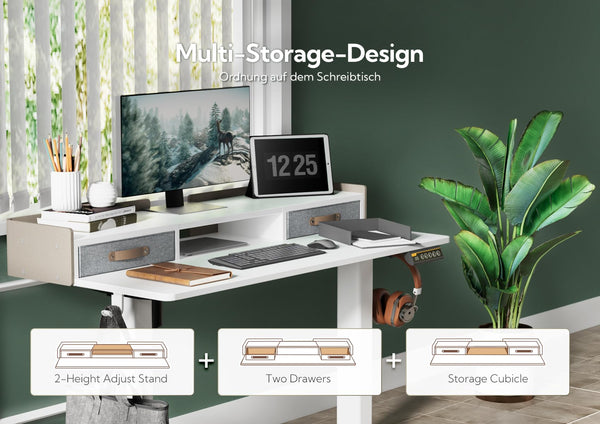 Claiks Electric Standing Desk with Drawers, 120x60cm Height Adjustable Desk with Storage Shelf and Splice Board, Stand Up Desk for Home Office, White Frame/Maple Top