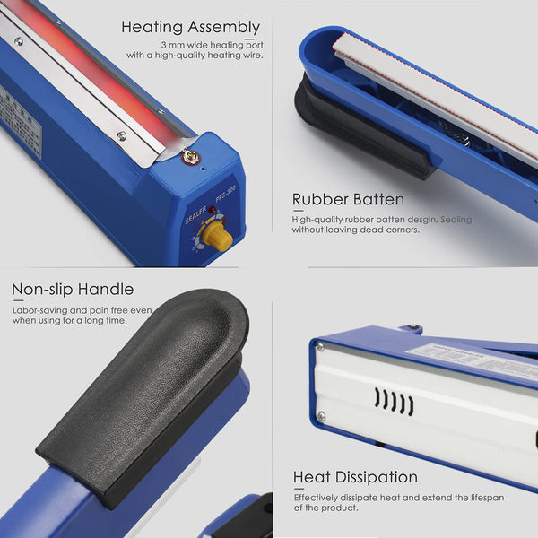 Heat Sealer, Impulse Plastic Bag Sealer, Manual Seal Food Packing Machine, Heat Sealing Applicable with Replacement Kit, Metal/ABS 350W (Blue, 8")